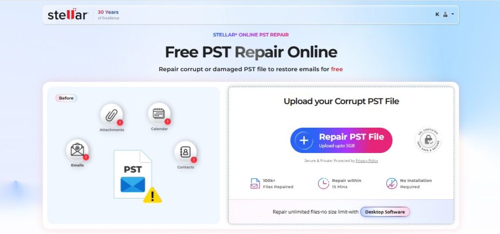 Stellar's free PST repair tool interface showing upload section for corrupt email files with icons for attachments