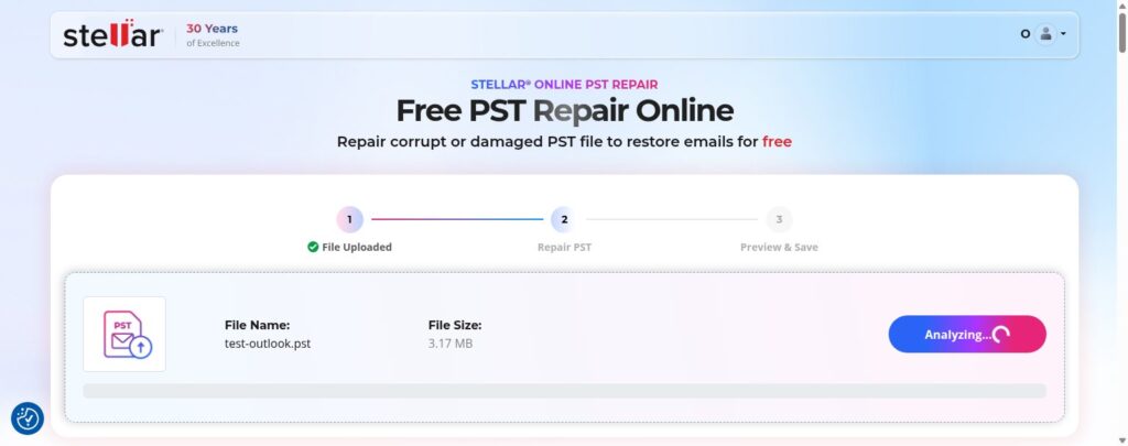 Stellar's free online PST repair tool showing a test-outlook.pst file (3.17 MB) uploaded and analyzing in step one of three.