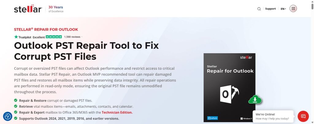 Stellar Repair for Outlook product page showing PST repair tool interface with Outlook logo and download button.