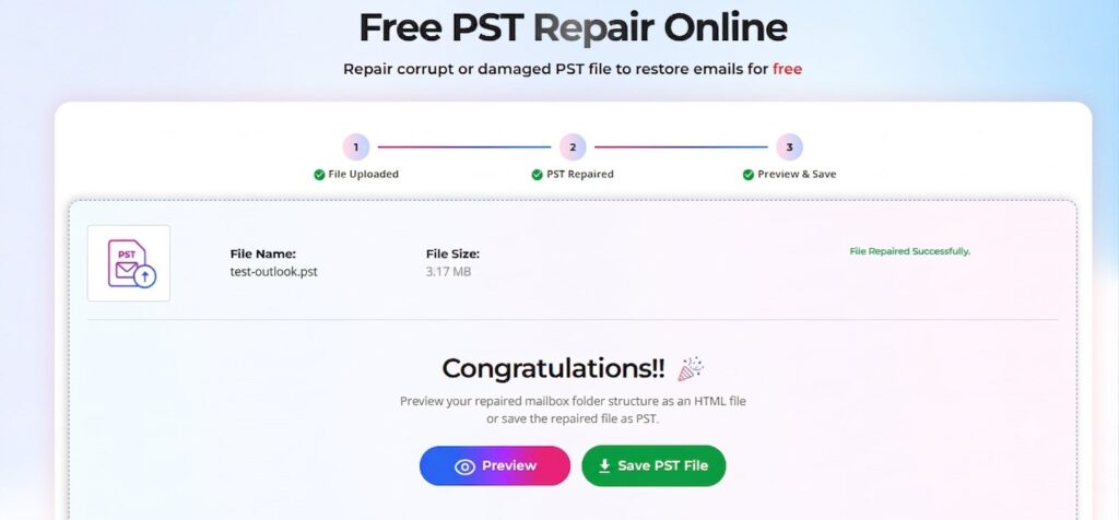 A free PST repair tool interface showing a successfully repaired Outlook PST file with options to preview or save PST file