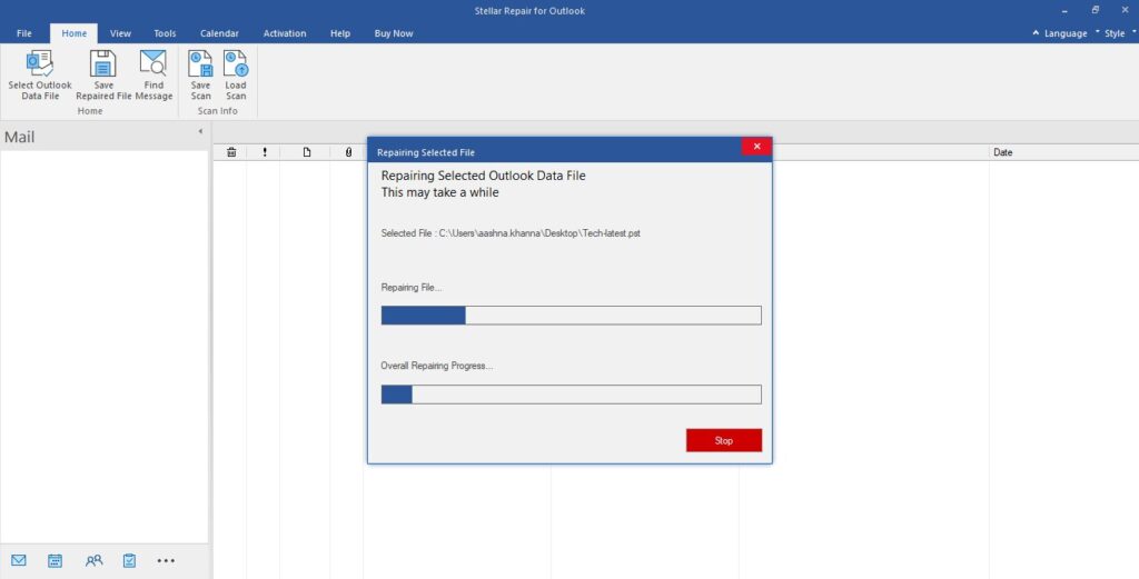 Stellar Repair for Outlook dialog showing a file repair in progress with two progress bars tracking file and overall repair…