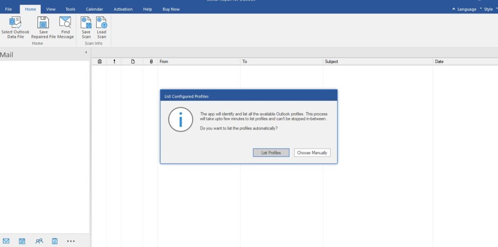 Outlook Repair Tool dialog prompting user to list configured email profiles automatically or manually.