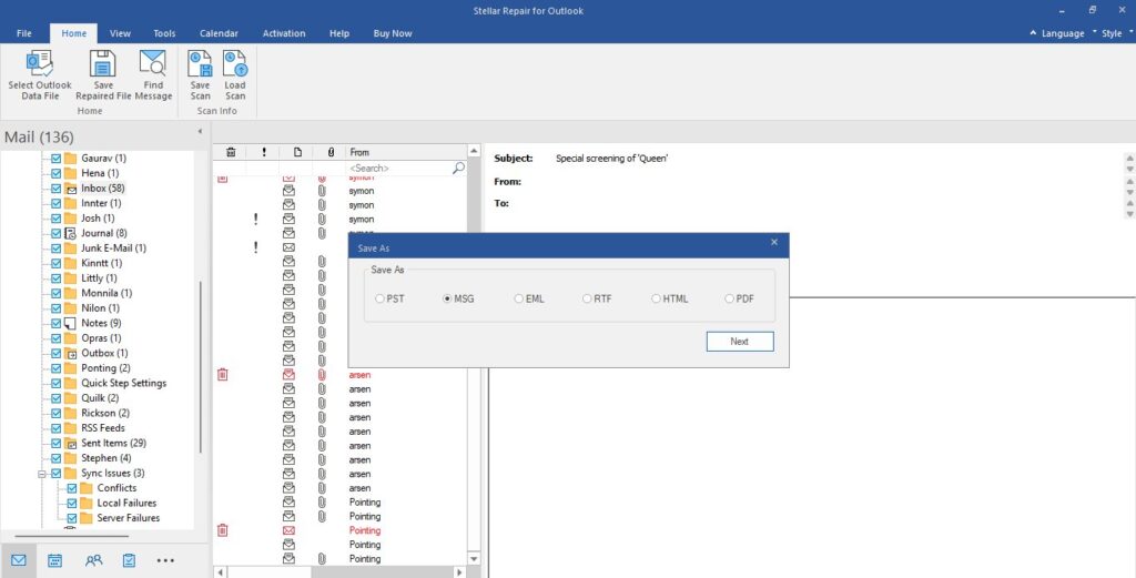 Stellar Repair for Outlook application window showing a Save As dialog with file format options including PST, MSG, EML