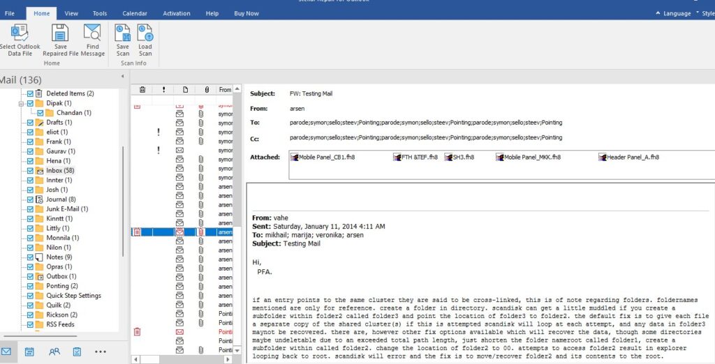 Outlook email client interface showing inbox with folder structure on left and an open test email with multiple file…