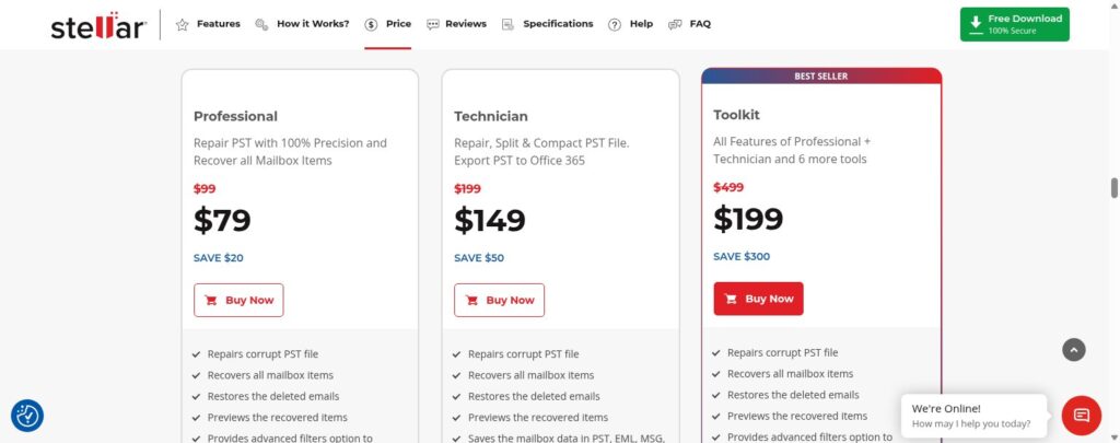 Stellar pricing page showing three PST repair software plans: Professional at $79, Technician at $149, and Toolkit at $199