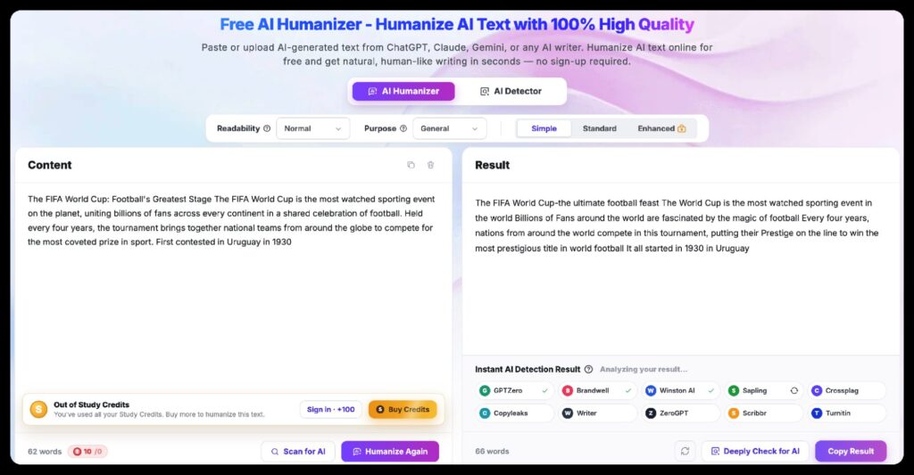 AI Humanizer tool interface showing side-by-side comparison of original AI-generated FIFA World Cup text and humanized