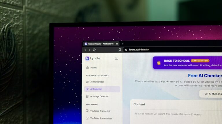 Lynote's AI Detector tool displayed on a browser screen, showing menu options for AI humanization and detection features.