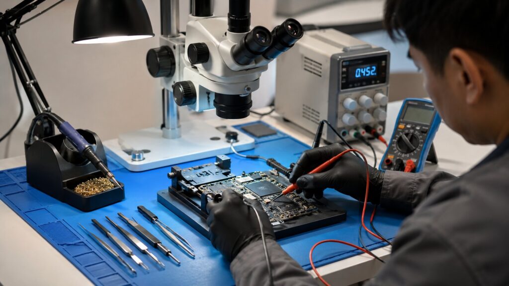 Technician in black gloves tests a circuit board under a microscope in a well-equipped electronics repair workstation.