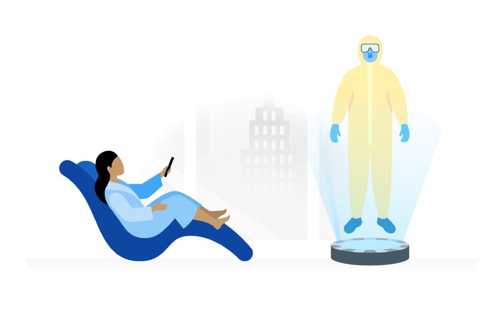 Woman in blue clothing holds phone while viewing holographic figure in yellow protective suit and goggles.