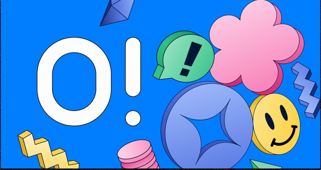 Bright abstract shapes, including a large “O!”, a pink flower, a yellow smiley face, speech bubbles, and geometric forms on a blue background.