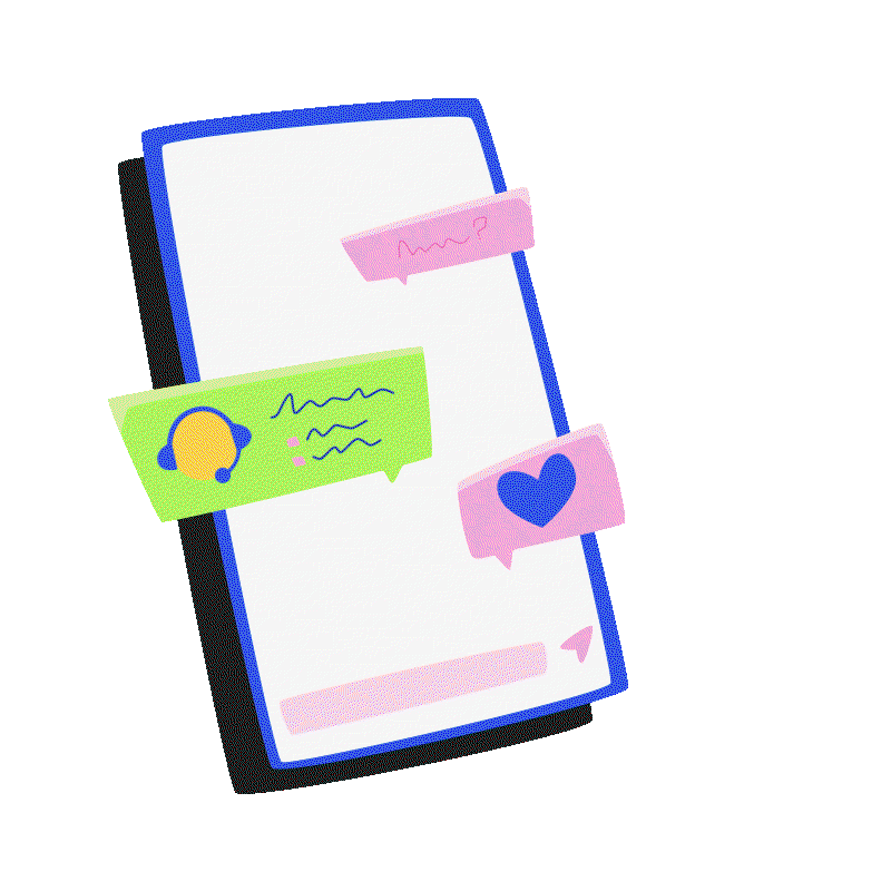 Illustration of a smartphone displaying three colorful chat bubbles, including a headset icon, a heart symbol, and a question mark, representing a conversation or messaging app.