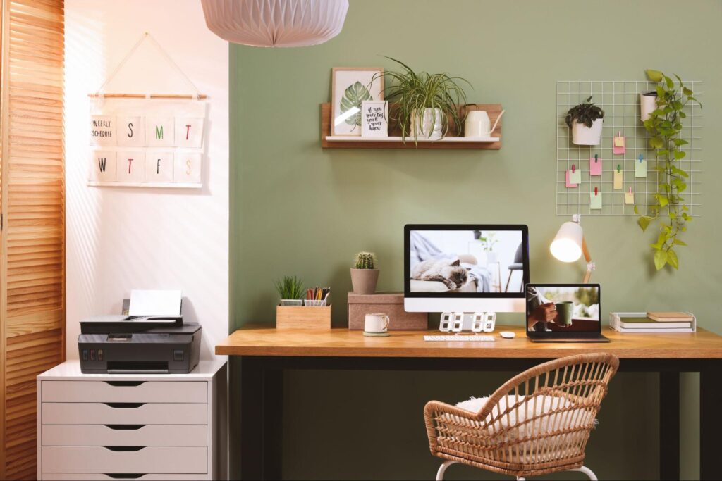 A home office with sage green walls features a wooden desk, wicker chair, dual monitors, and organized wall shelves