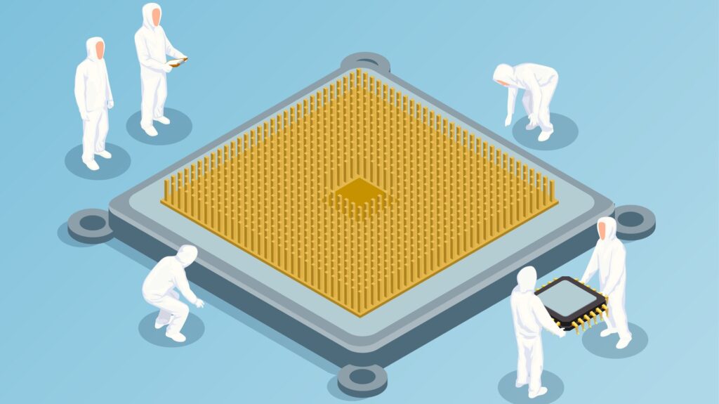 Illustrated technicians in white suits work around a large golden computer chip against a blue background.