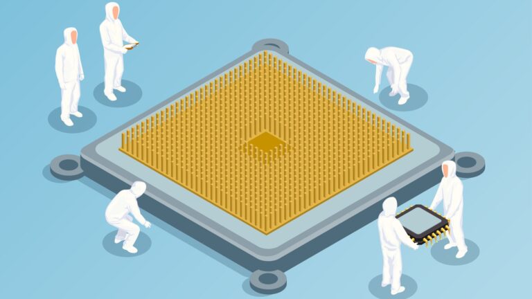 Illustrated technicians in white suits work around a large golden computer chip against a blue background.