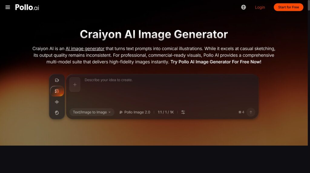 Pollo.ai's image generator interface with a text input field and control panel against a warm gradient background.