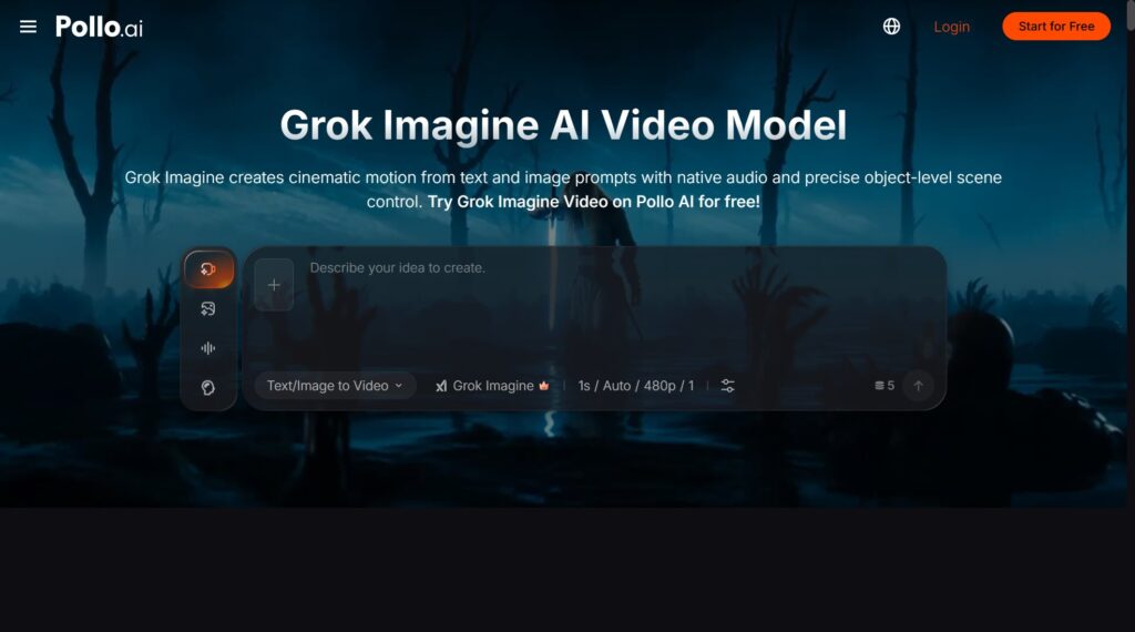 Pollo AI interface showing Grok Imagine video generation tool with dark forest background and input prompt field.