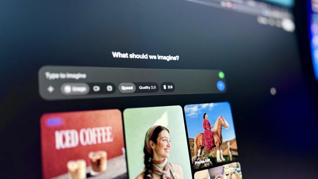 AI image generation interface displaying prompt input field and generated image options including coffee, portrait.