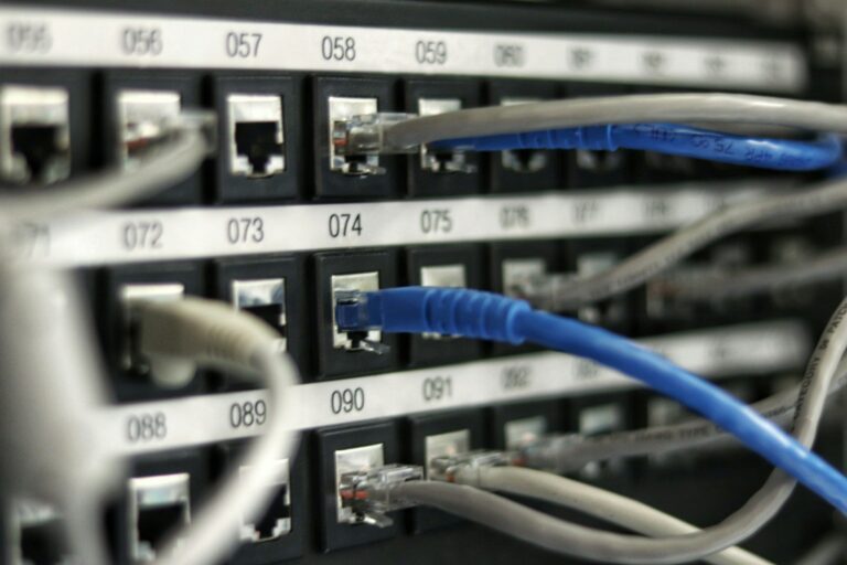 Network patch panel with numbered ports and blue and gray ethernet cables connected to various slots.