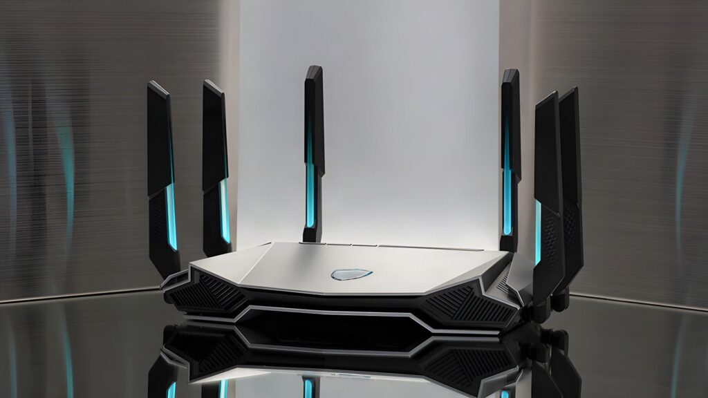 High-performance gaming router with white top panel and six black antennas illuminated by cyan LED accents.