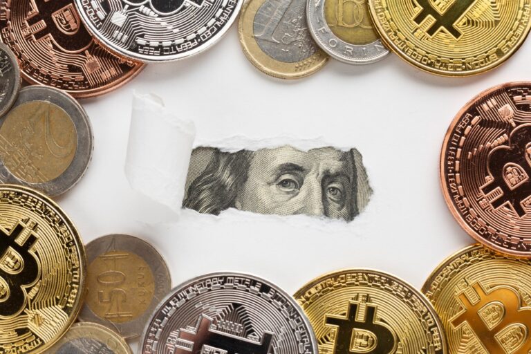 Engraved portrait of a historical figure visible through torn white paper, surrounded by cryptocurrency and traditional currency