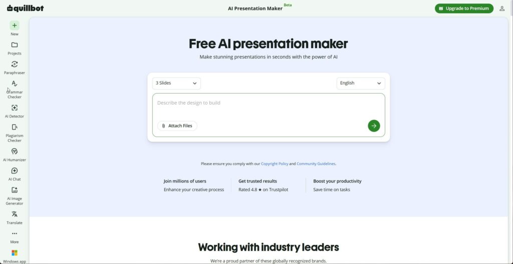 Quillbot's AI Presentation Maker interface showing a text input field to describe presentation designs, with dropdown menus