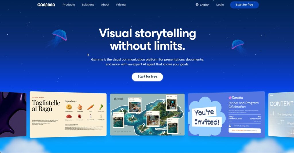 Gamma's homepage features a deep blue starry background with glowing jellyfish illustrations and the headline