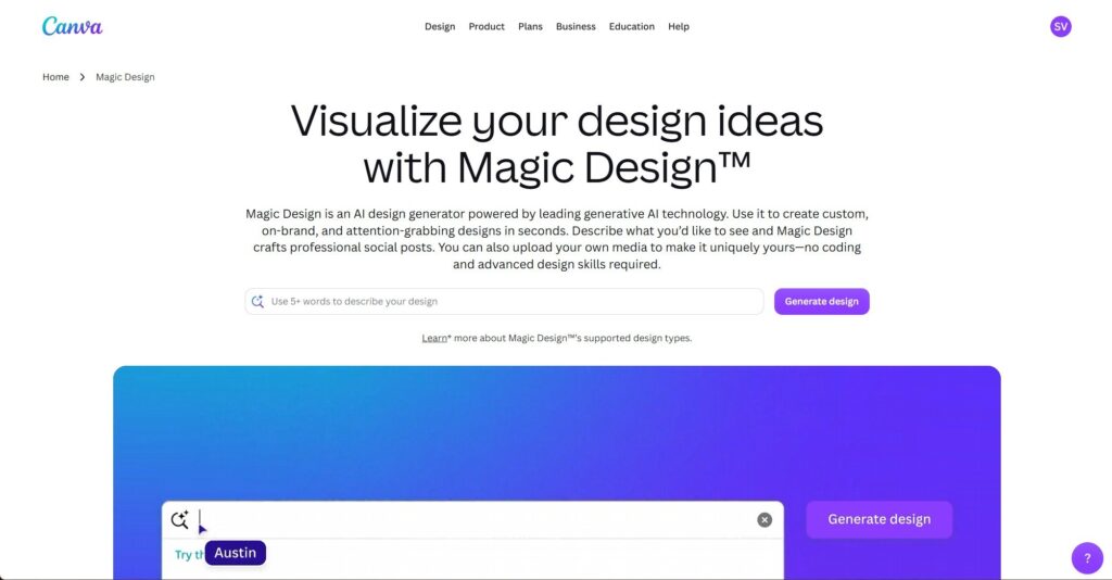 Canva's Magic Design interface showing a text input field and Generate Design button on a blue-to-purple gradient background.