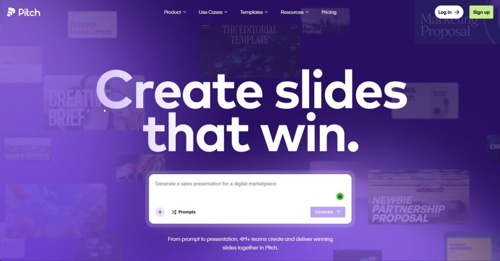 Pitch homepage displaying a purple gradient background with the headline 'Create slides that win' and a search prompt box