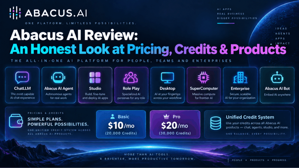Abacus AI platform overview showing eight product features with pricing tiers of $10 and $20 monthly plans