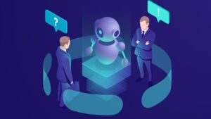 Two businessmen in suits interact with a smiling AI robot on a glowing platform against a dark blue background.
